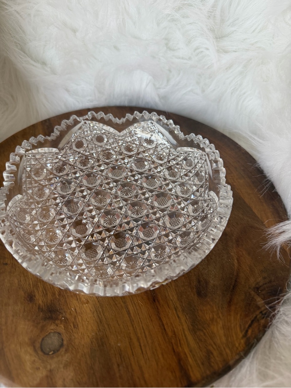 American Brilliant Cut Glass dish with hobstar and fan patterns.